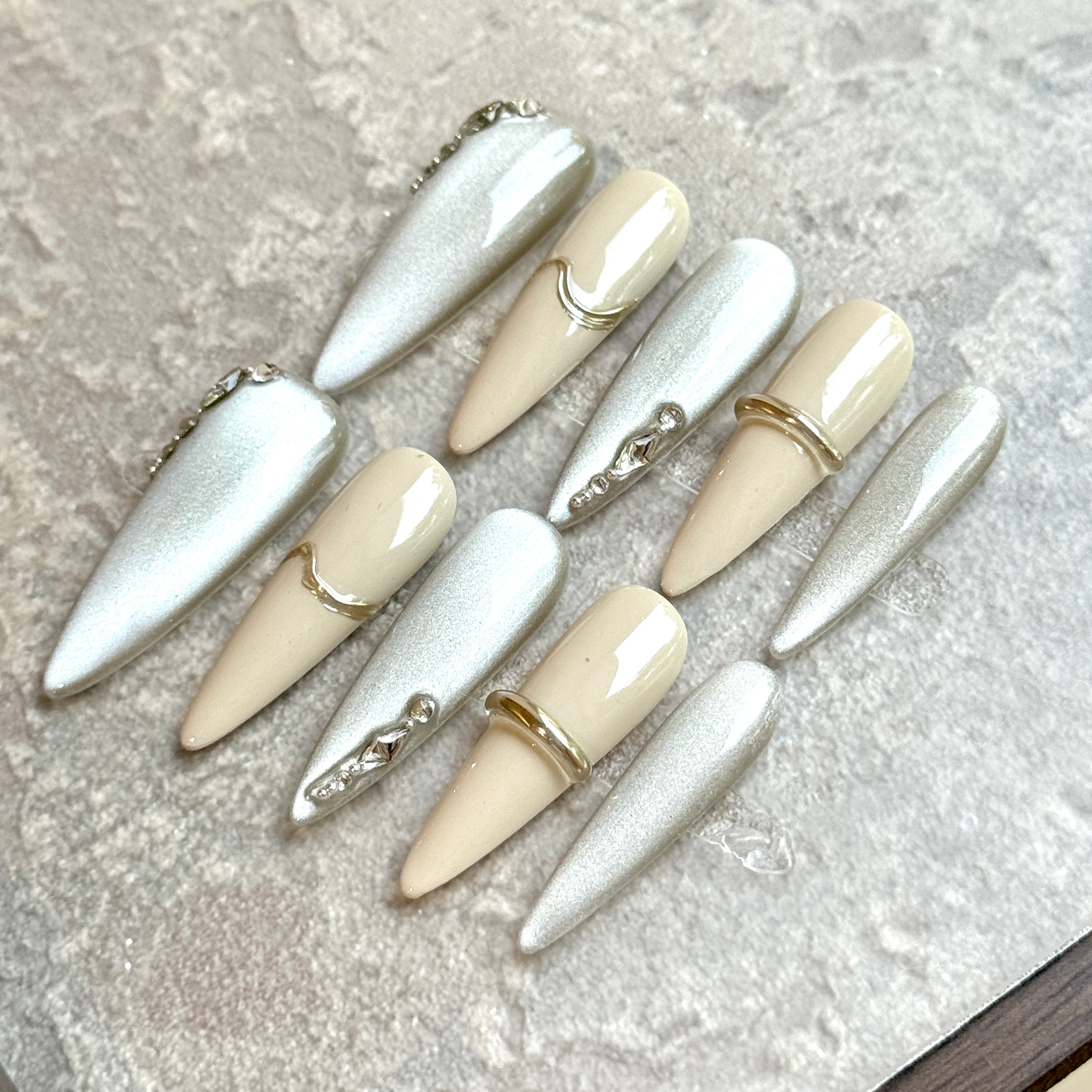 Champagne Moonlight – Silver & Nude Luxury Press-On Nails with Gold Wave and Crystal Accents